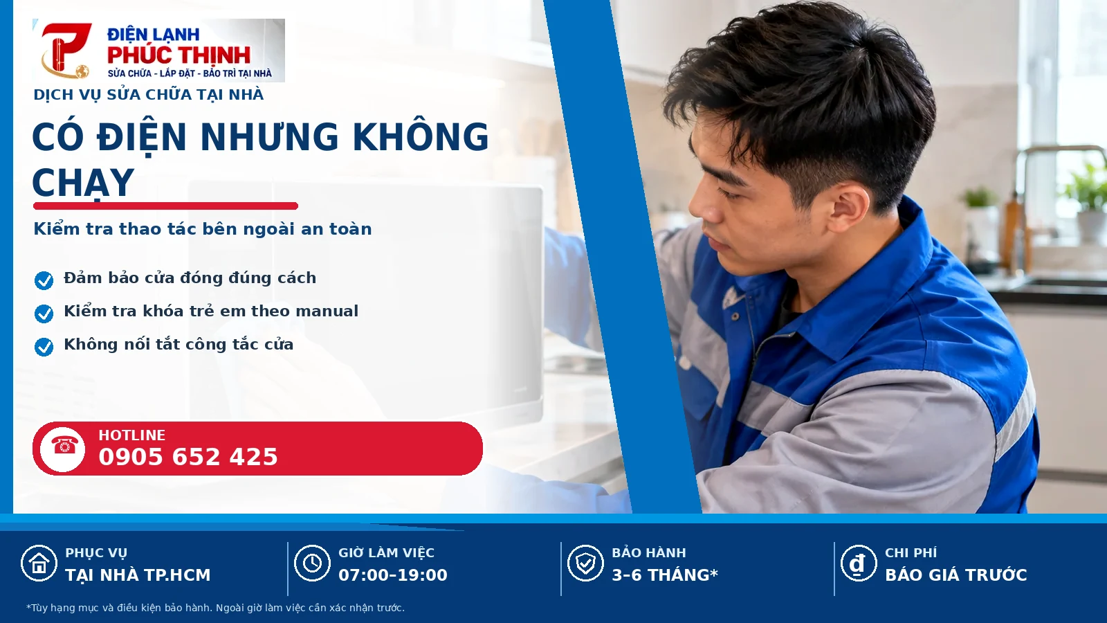 Banner nội dung có điện nhưng không chạy, kỹ thuật viên kiểm tra lò vi sóng, Điện Lạnh Phúc Thịnh