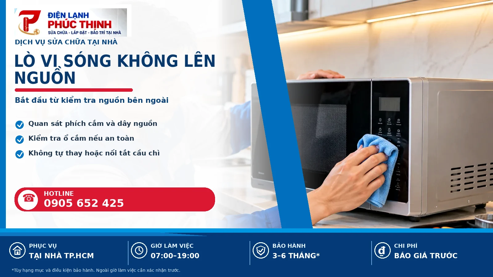 Banner nội dung lò vi sóng không lên nguồn, kỹ thuật viên kiểm tra lò vi sóng, Điện Lạnh Phúc Thịnh