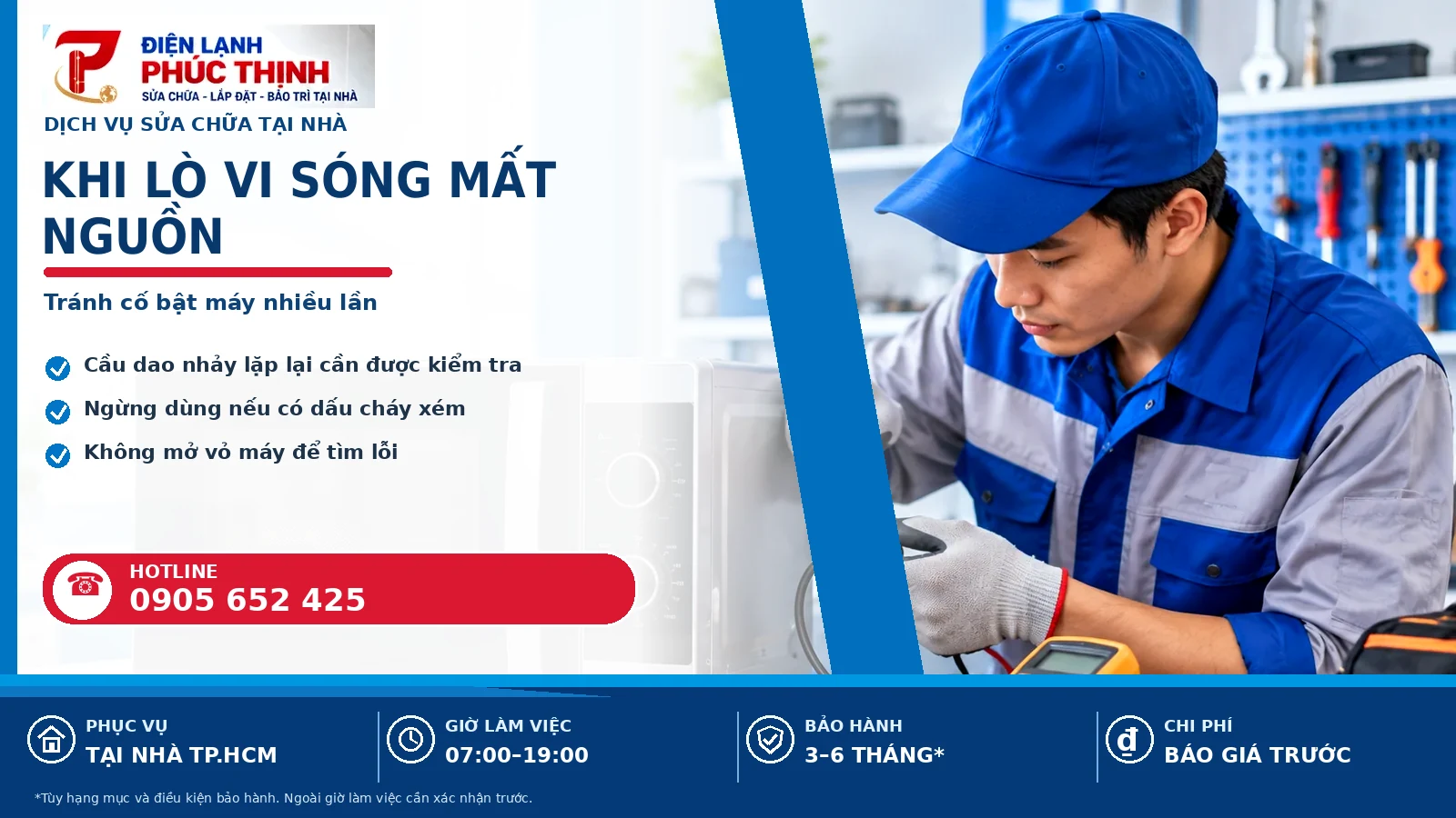 Banner nội dung khi lò vi sóng mất nguồn, kỹ thuật viên kiểm tra lò vi sóng, Điện Lạnh Phúc Thịnh