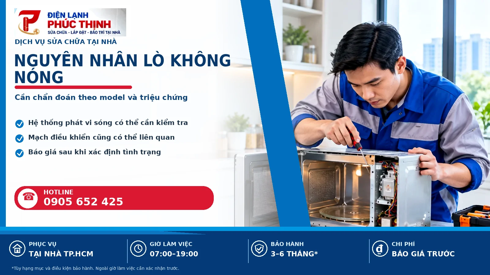 Banner nội dung nguyên nhân lò không nóng, kỹ thuật viên kiểm tra lò vi sóng, Điện Lạnh Phúc Thịnh