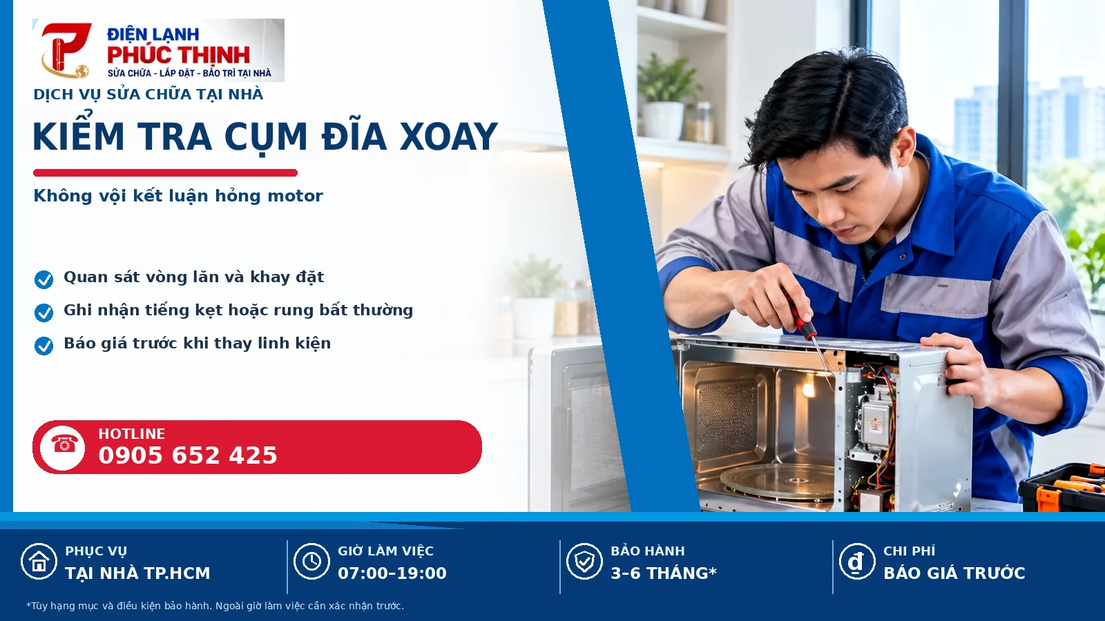 Banner nội dung kiểm tra cụm đĩa xoay, kỹ thuật viên kiểm tra lò vi sóng, Điện Lạnh Phúc Thịnh