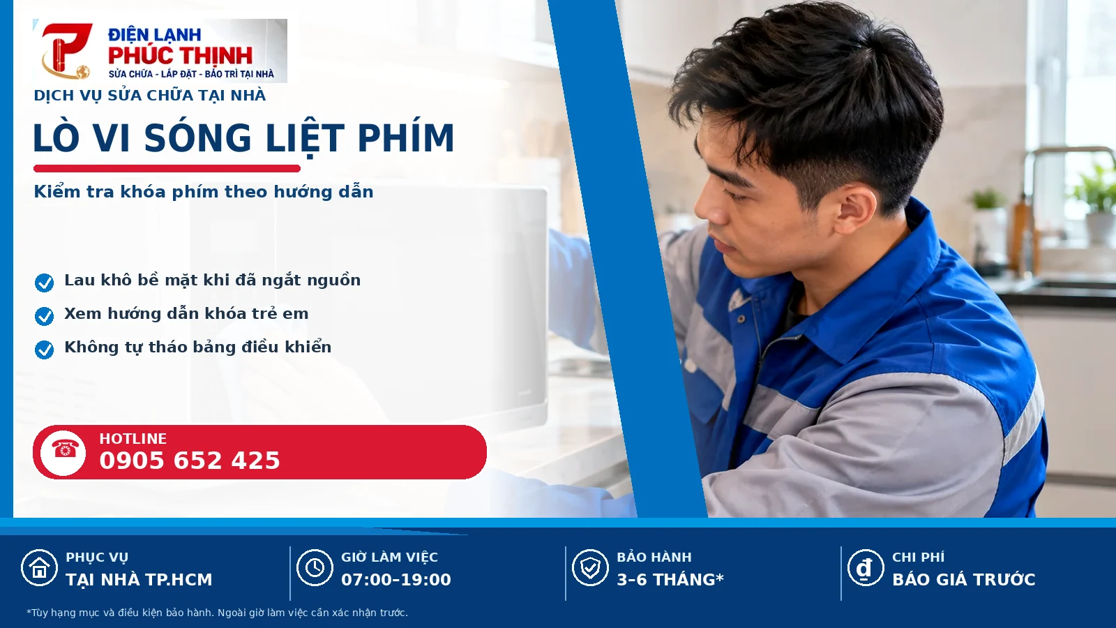 Banner nội dung lò vi sóng liệt phím, kỹ thuật viên kiểm tra lò vi sóng, Điện Lạnh Phúc Thịnh