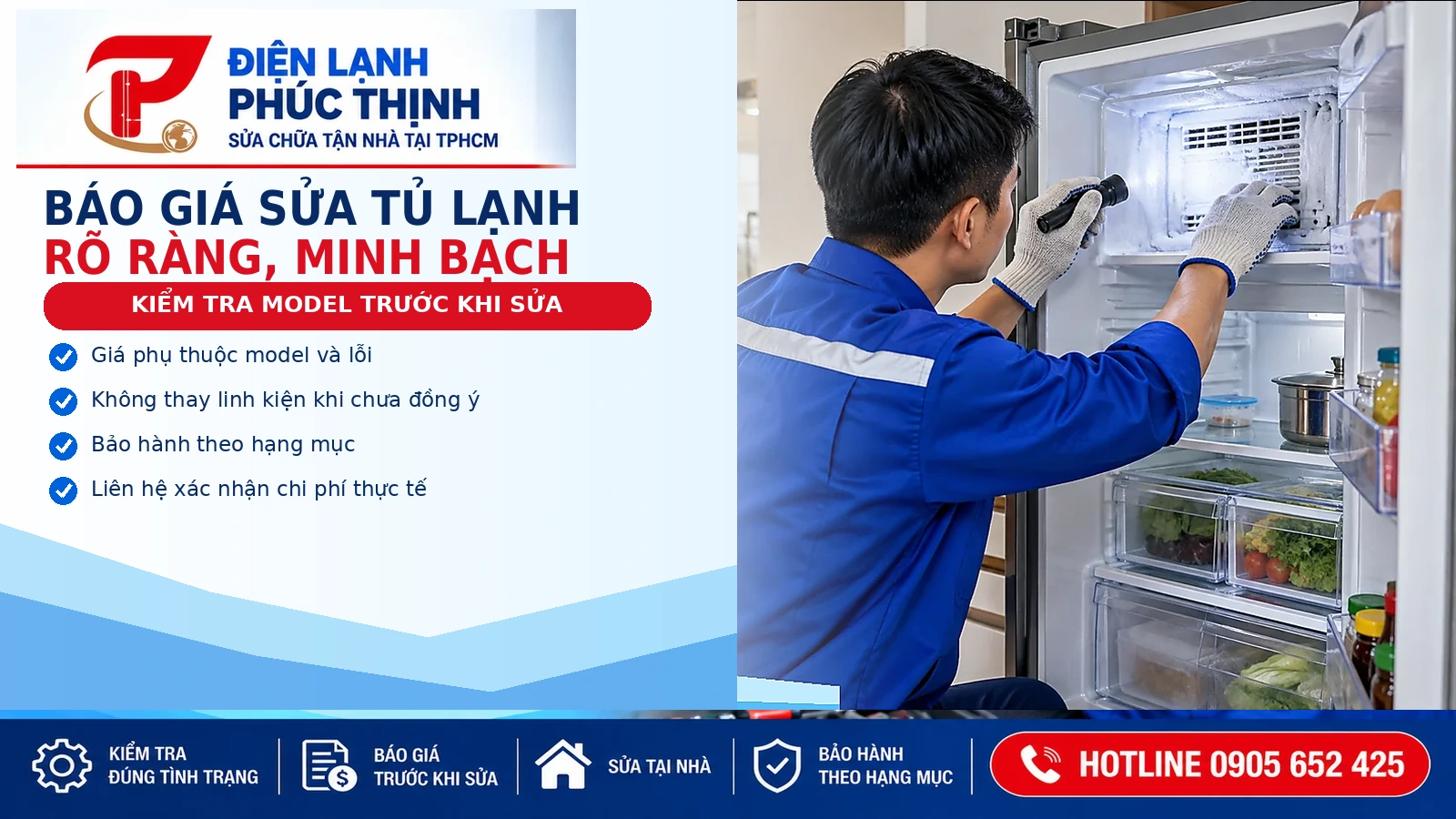 Banner lưu ý về báo giá sửa tủ lạnh, kiểm tra model, linh kiện và bảo hành theo hạng mục