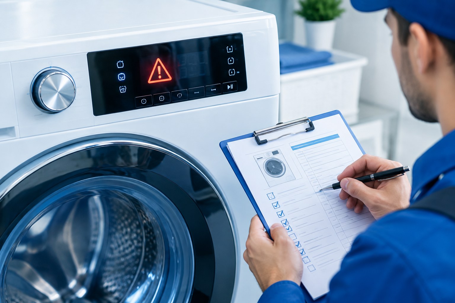 Máy giặt báo lỗi: kỹ thuật viên kiểm tra mã lỗi trên bảng điều khiển