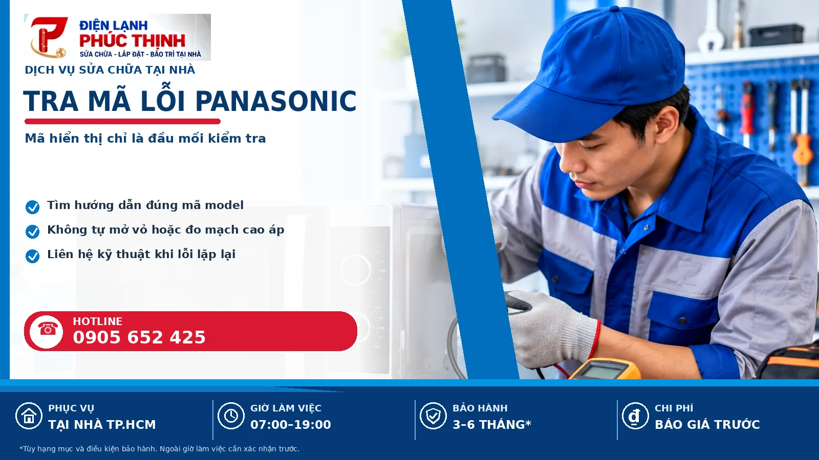 Banner nội dung tra mã lỗi panasonic, kỹ thuật viên kiểm tra lò vi sóng, Điện Lạnh Phúc Thịnh
