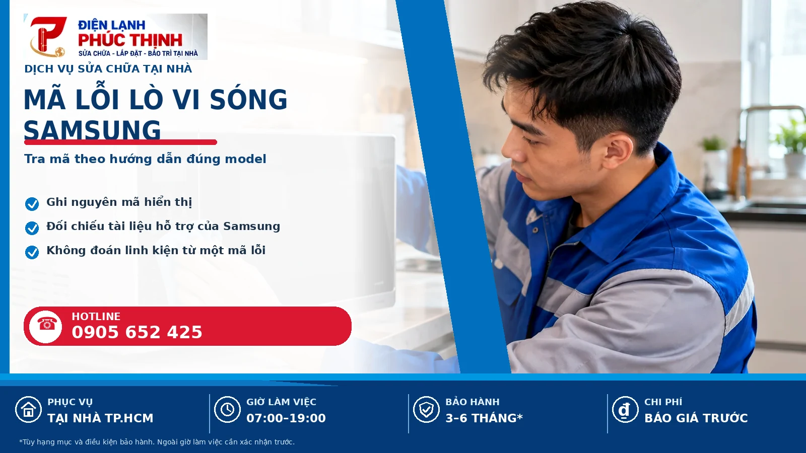 Banner nội dung mã lỗi lò vi sóng samsung, kỹ thuật viên kiểm tra lò vi sóng, Điện Lạnh Phúc Thịnh