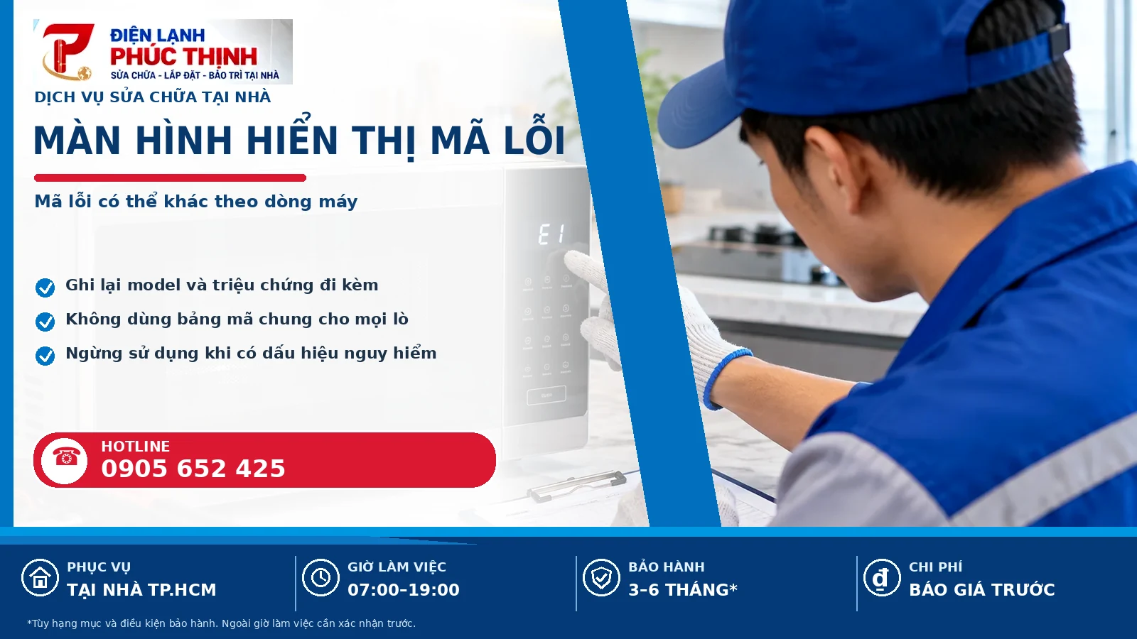 Banner nội dung màn hình hiển thị mã lỗi, kỹ thuật viên kiểm tra lò vi sóng, Điện Lạnh Phúc Thịnh