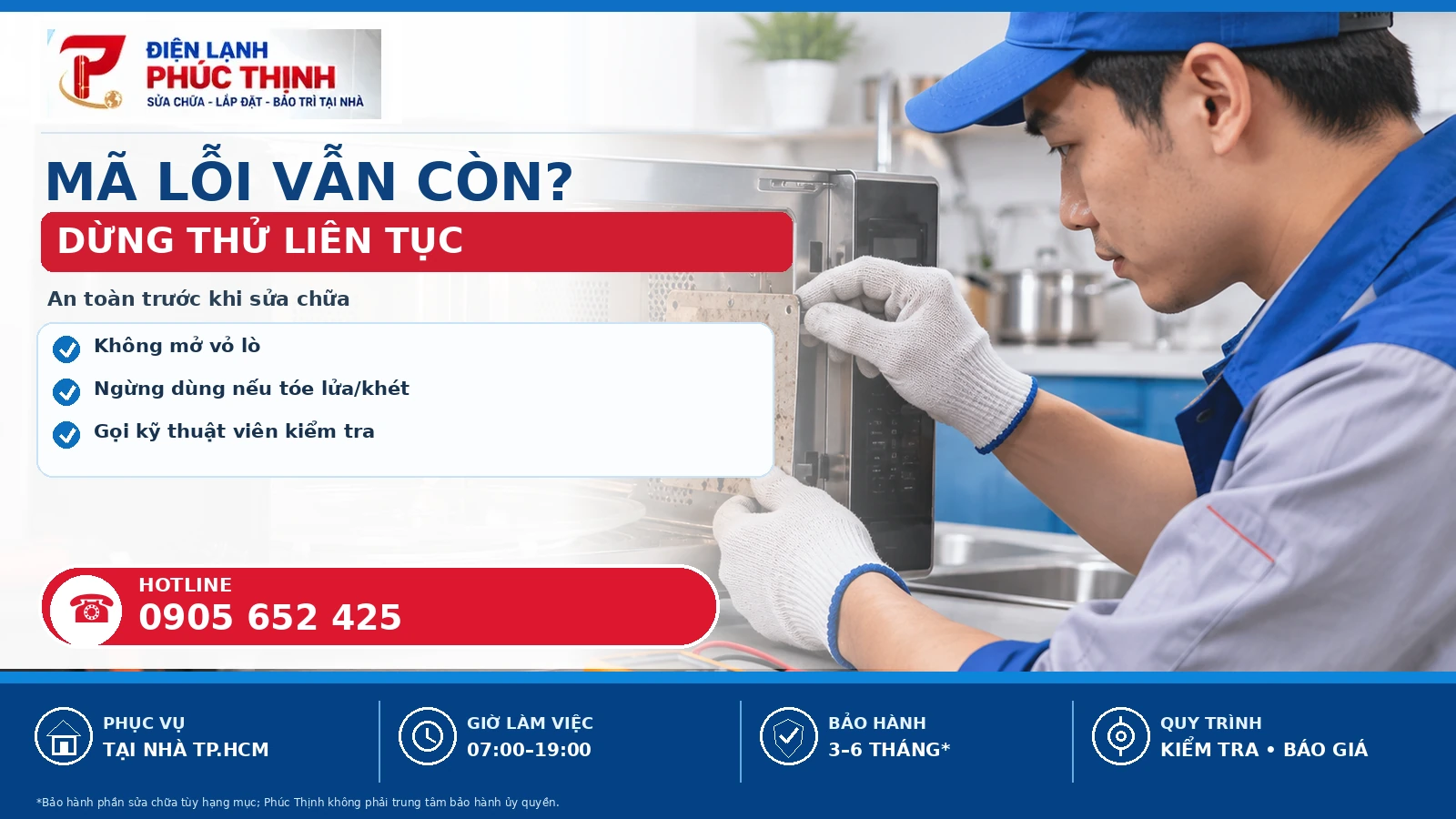 Banner nội dung thứ hai mã lỗi lò vi sóng Sharp tại TP.HCM, kiểm tra theo model và báo giá trước khi sửa - Điện Lạnh Phúc Thịnh, hotline 0905 652 425