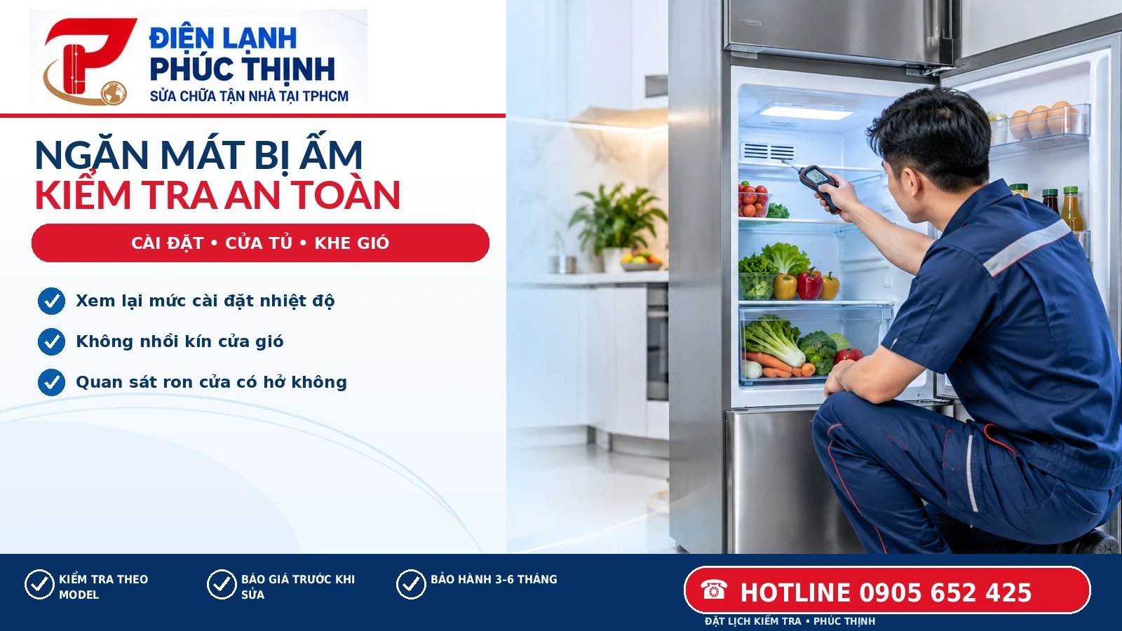 Kỹ thuật viên kiểm tra cửa gió và nhiệt độ trong ngăn mát tủ lạnh