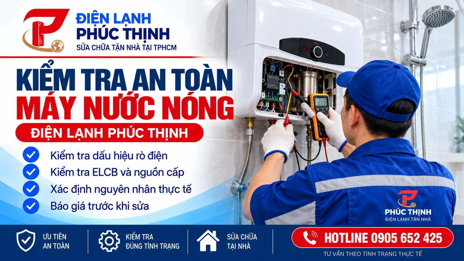 Banner Phúc Thịnh kiểm tra an toàn máy nước nóng, nhấn mạnh kiểm tra dấu hiệu rò điện, ELCB và báo giá trước khi sửa