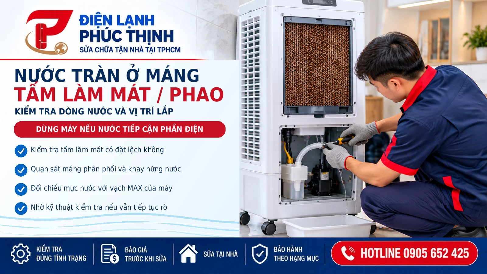 Kiểm tra máng nước và tấm làm mát của quạt hơi nước sau khi phát hiện hiện tượng tràn nước