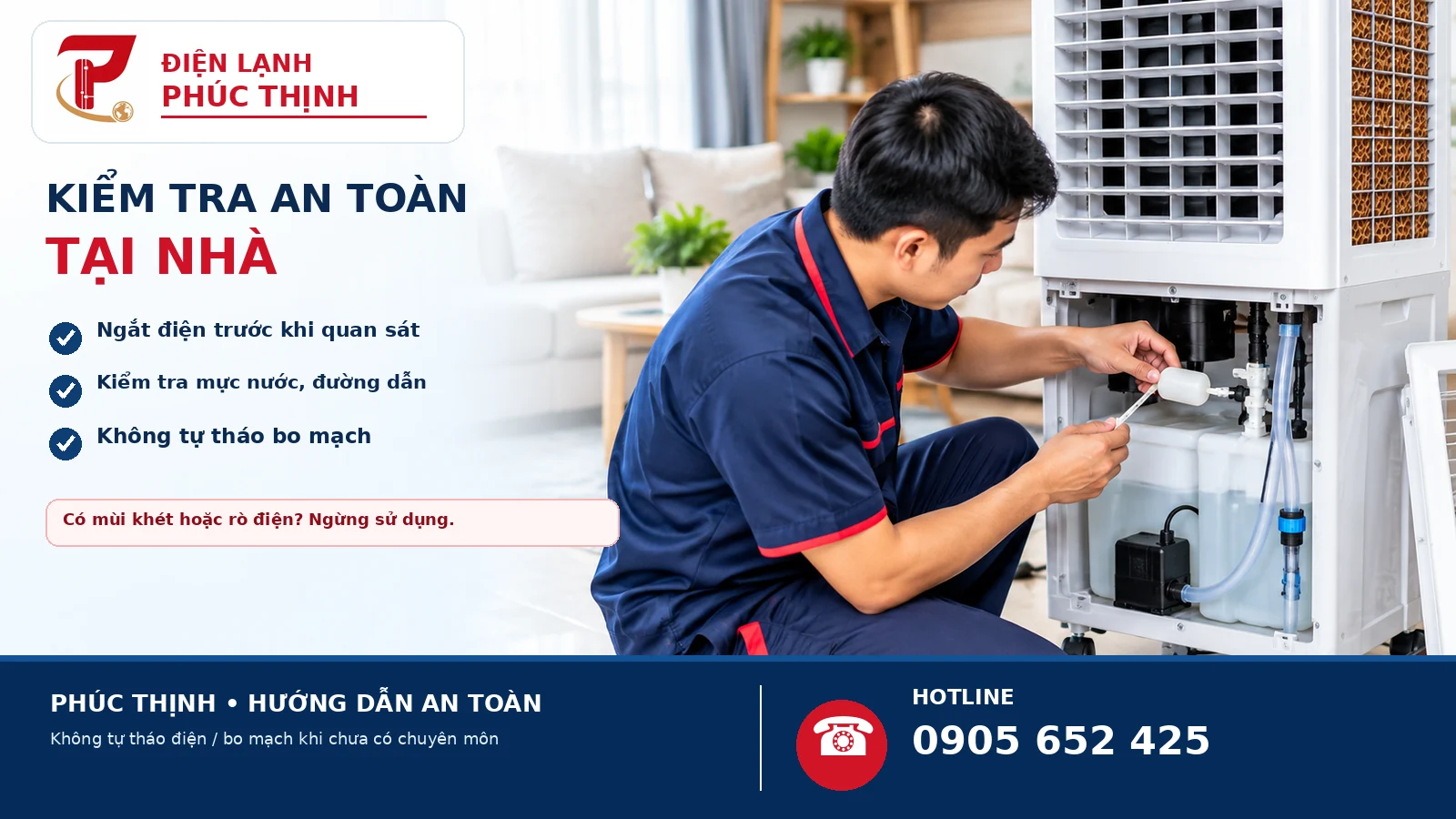 Minh họa kiểm tra an toàn quạt hơi nước tại nhà: ngắt điện trước khi quan sát, kiểm tra mực nước và không tự tháo bo mạch