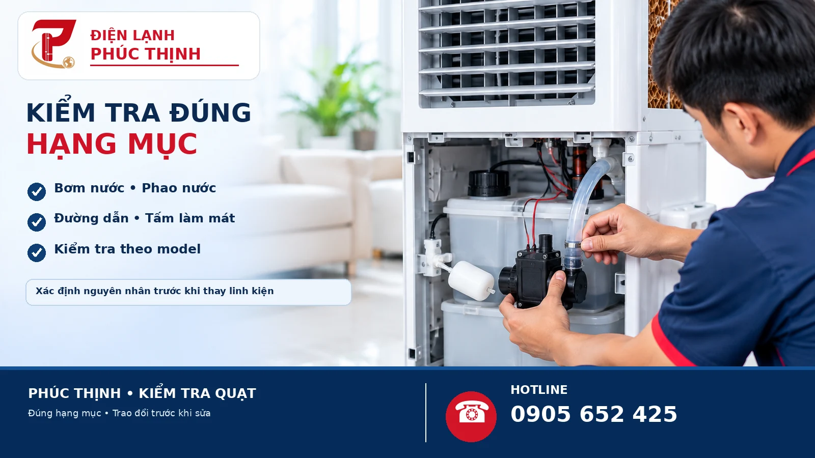 Kỹ thuật viên Phúc Thịnh kiểm tra cụm bơm nước, phao và đường dẫn trong quạt hơi nước khi nước không tuần hoàn