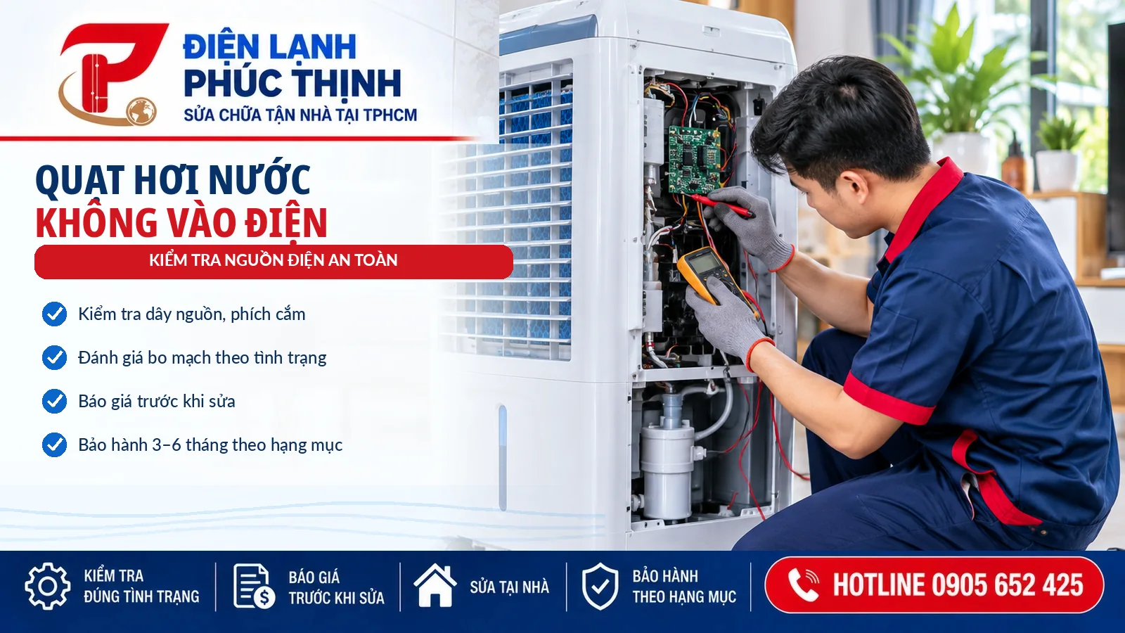 quạt hơi nước không vào điện, kiểm tra nguồn và bo mạch
