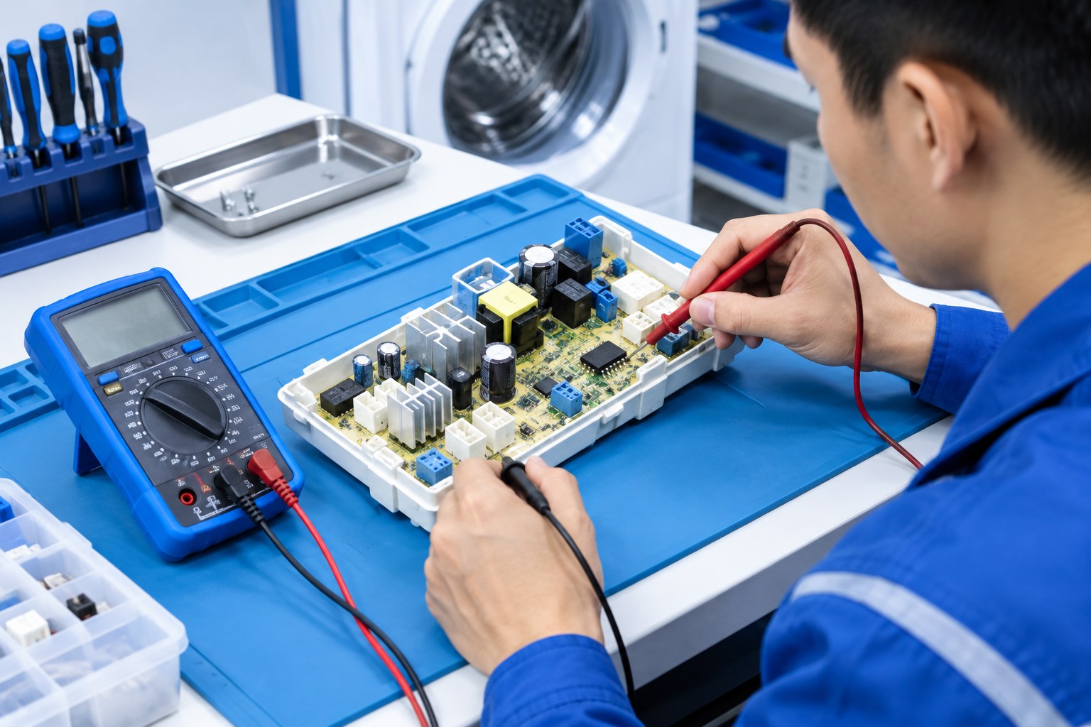 Sửa board máy giặt: kỹ thuật viên kiểm tra bo mạch điều khiển