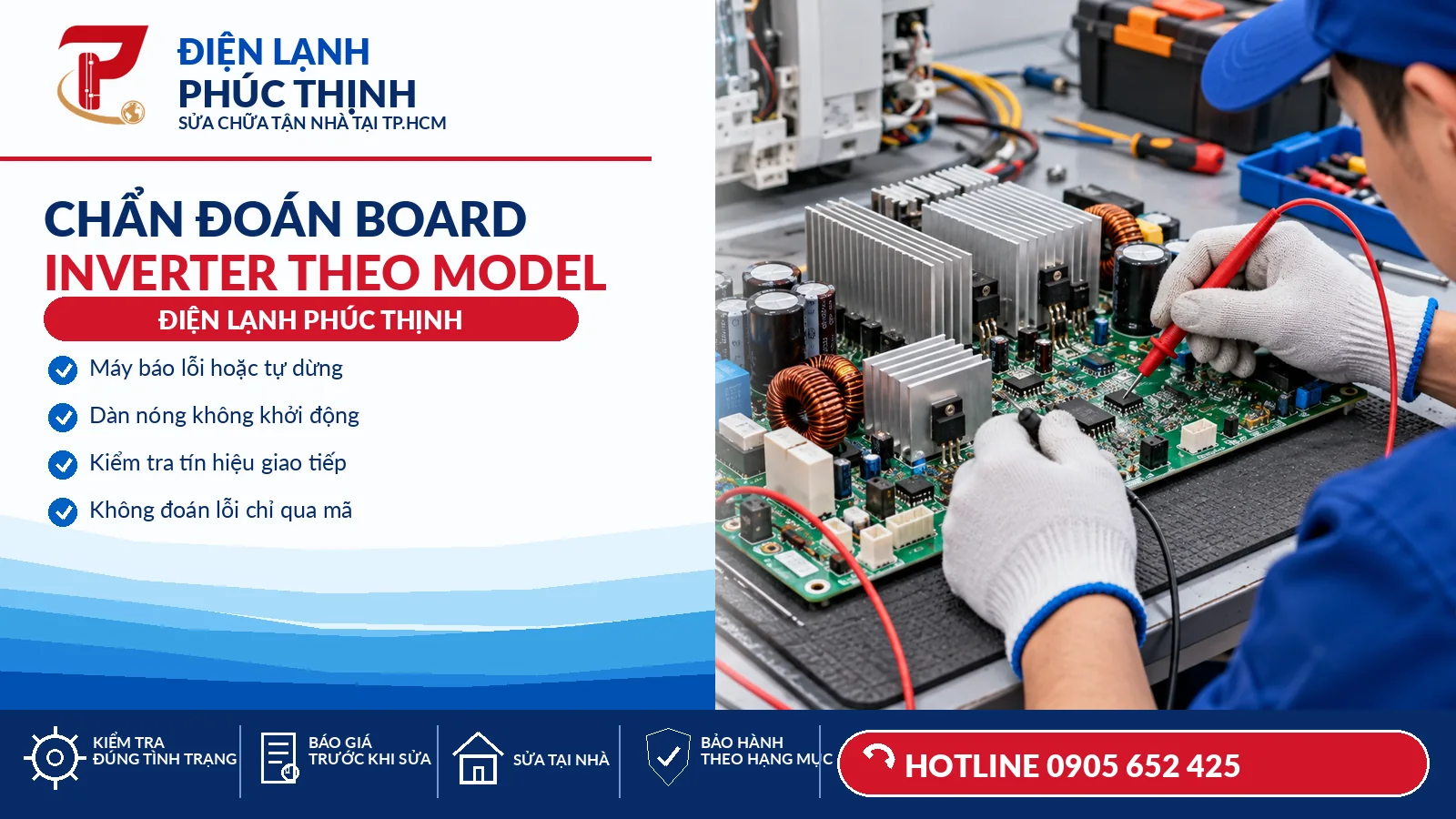 Kỹ thuật viên kiểm tra board Inverter và khối công suất trong dàn nóng máy lạnh