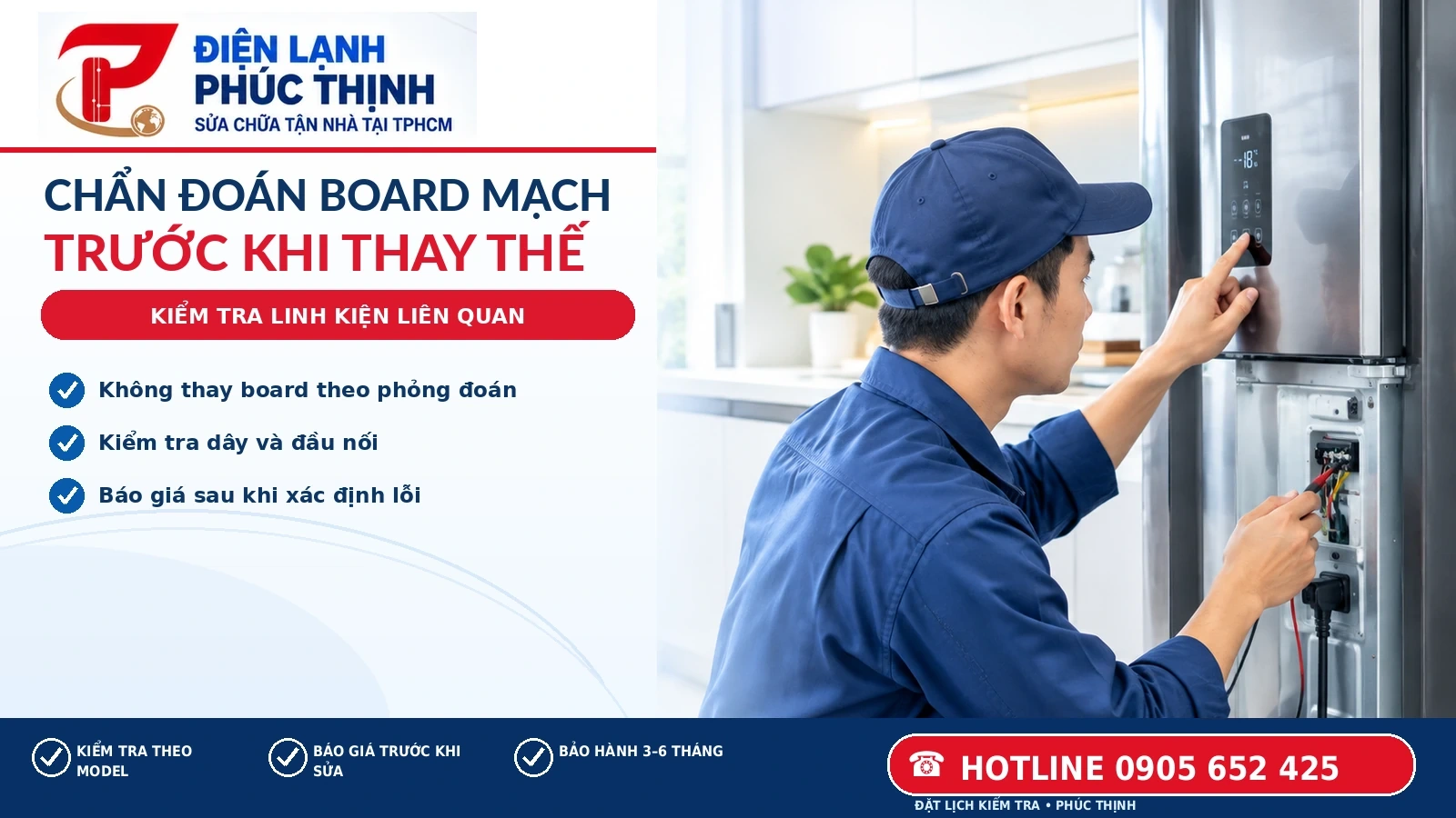 Kỹ thuật viên kiểm tra board mạch và kết nối điện của tủ lạnh bằng dụng cụ chuyên dụng