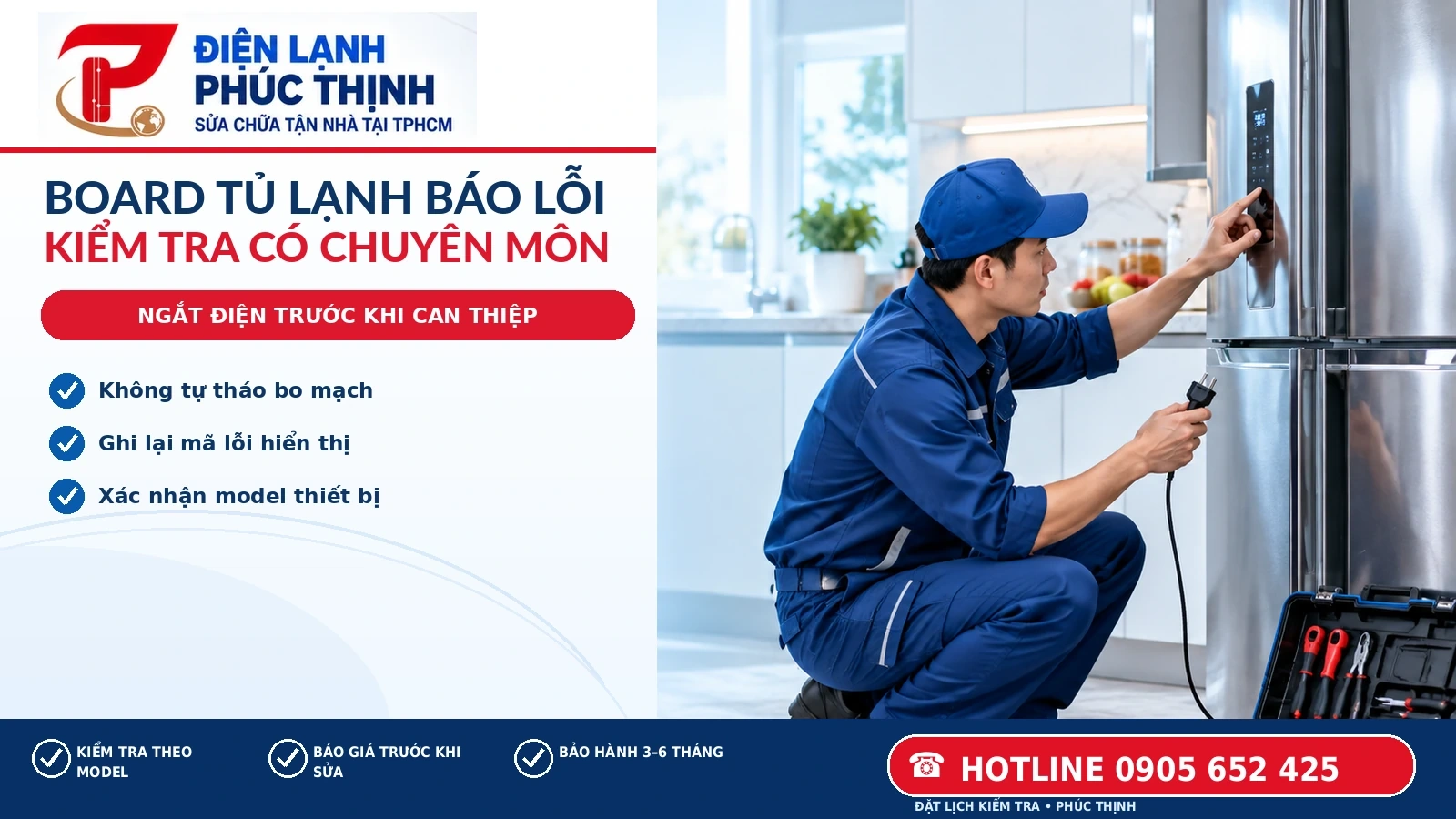Kỹ thuật viên kiểm tra bảng điều khiển và dấu hiệu bất thường trên tủ lạnh