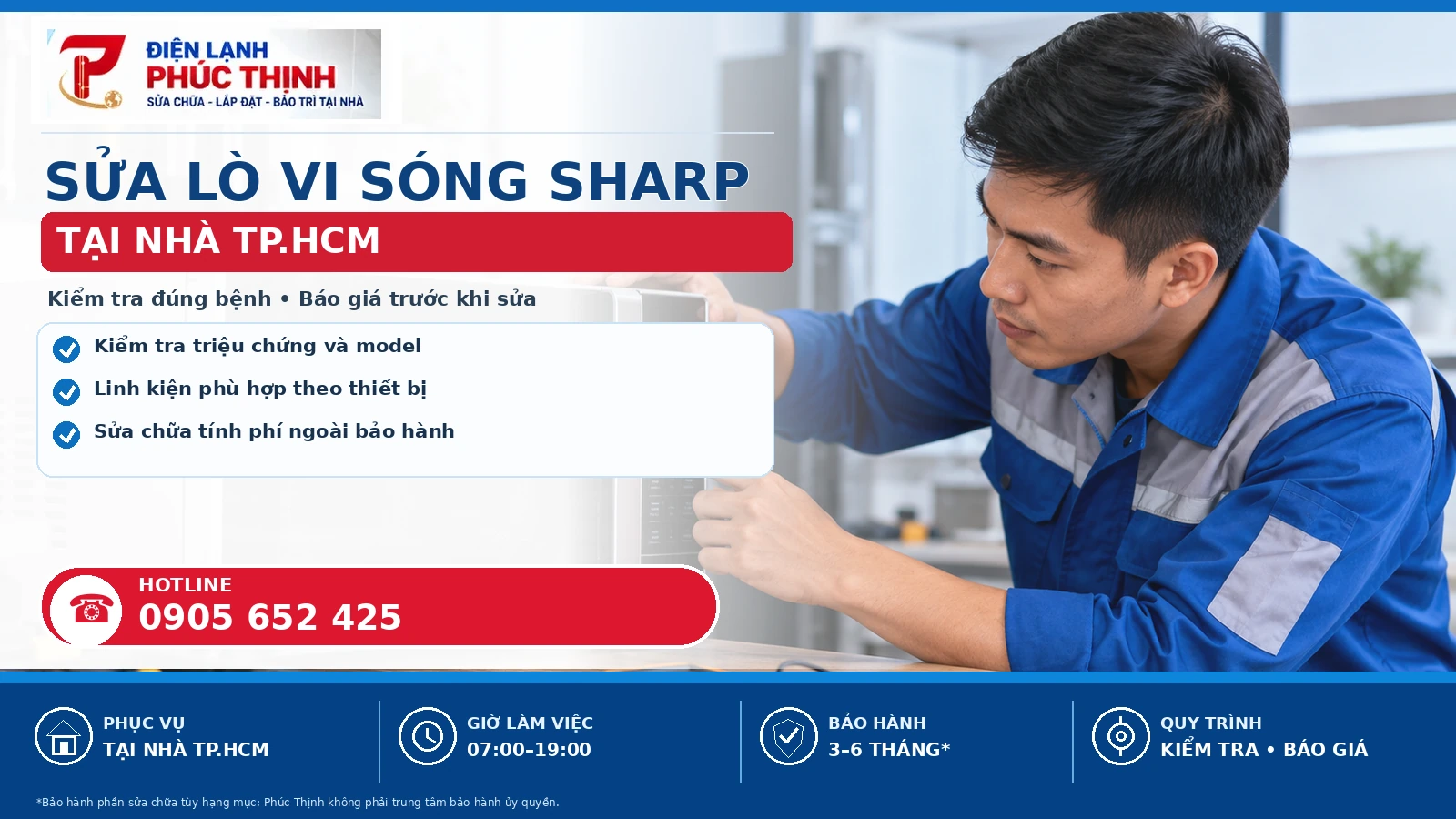 Banner chính sửa lò vi sóng Sharp tại TP.HCM, kiểm tra theo model và báo giá trước khi sửa - Điện Lạnh Phúc Thịnh, hotline 0905 652 425