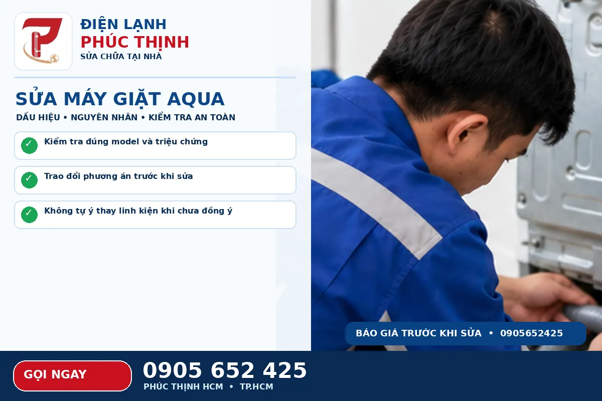 Hình minh họa dịch vụ sửa máy giặt Aqua TPHCM với kỹ thuật viên kiểm tra máy giặt
