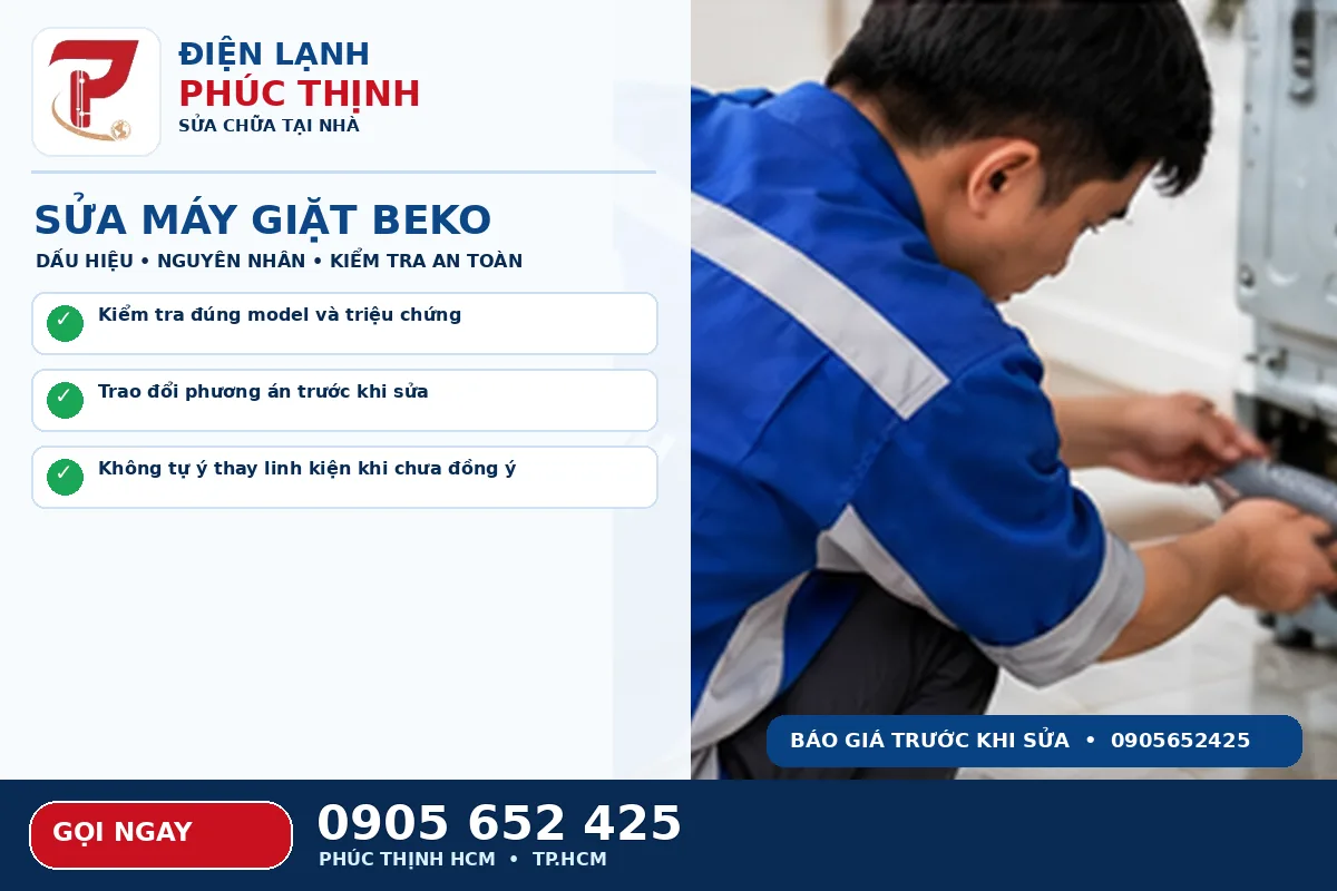 Hình minh họa dịch vụ sửa máy giặt Beko TPHCM với kỹ thuật viên kiểm tra máy giặt