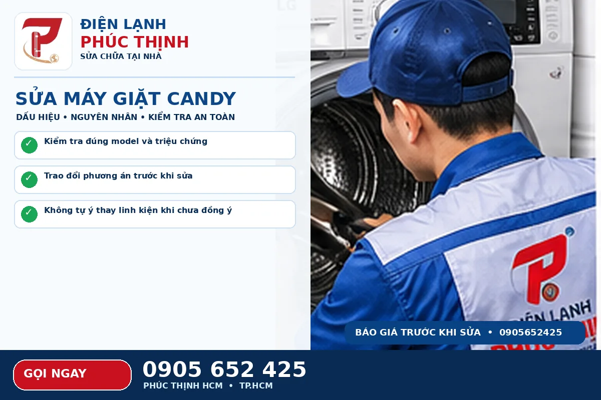 Hình minh họa dịch vụ sửa máy giặt Candy TPHCM với kỹ thuật viên kiểm tra máy giặt