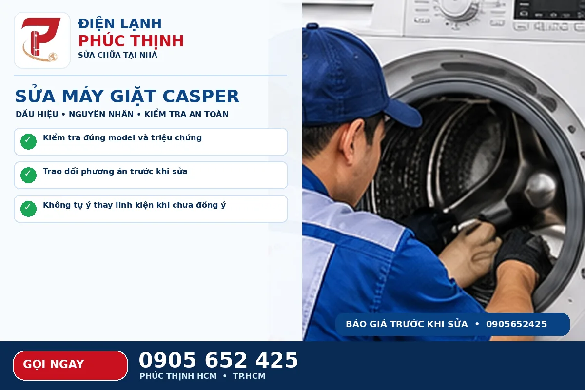 Hình minh họa dịch vụ sửa máy giặt Casper TPHCM với kỹ thuật viên kiểm tra máy giặt