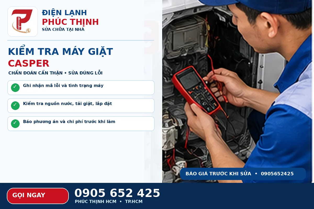 Minh họa các bước kiểm tra an toàn cho sửa máy giặt Casper TPHCM