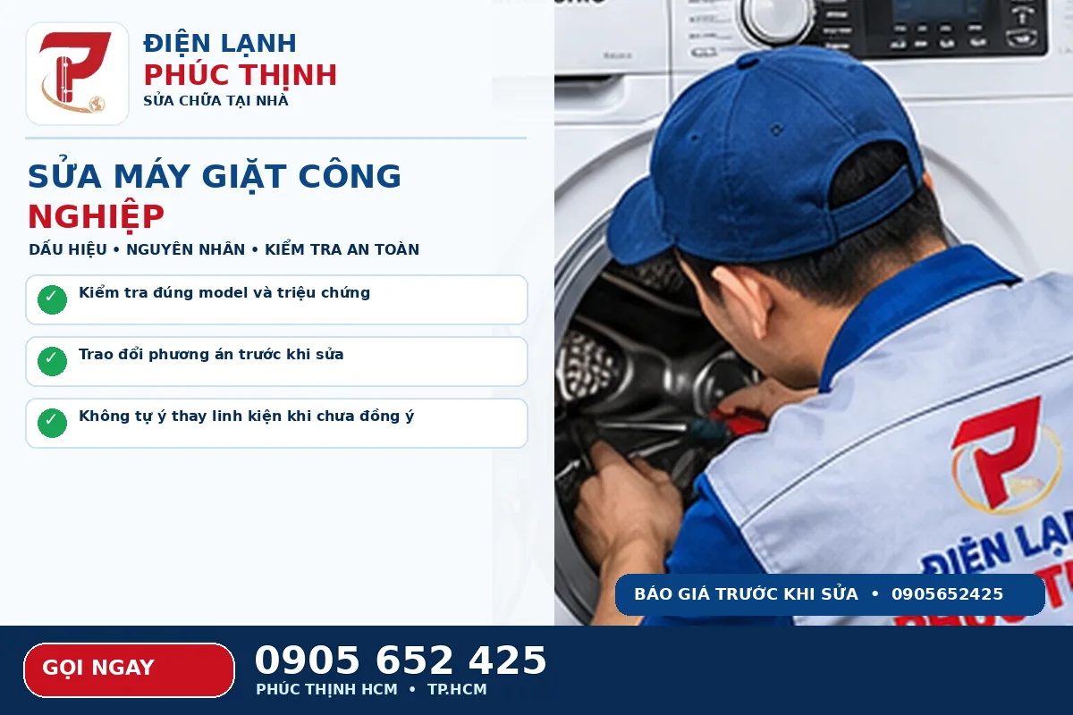 Hình minh họa dịch vụ sửa máy giặt công nghiệp TPHCM với kỹ thuật viên kiểm tra máy giặt