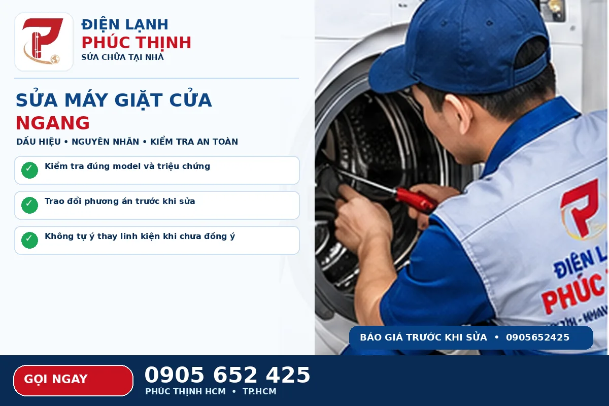 Hình minh họa dịch vụ sửa máy giặt cửa ngang TPHCM với kỹ thuật viên kiểm tra máy giặt