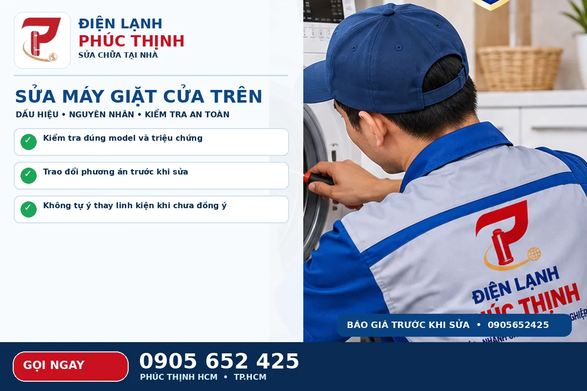Hình minh họa dịch vụ sửa máy giặt cửa trên TPHCM với kỹ thuật viên kiểm tra máy giặt
