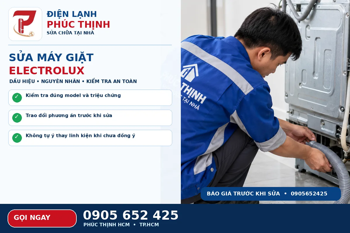 Hình minh họa dịch vụ sửa máy giặt Electrolux TPHCM với kỹ thuật viên kiểm tra máy giặt
