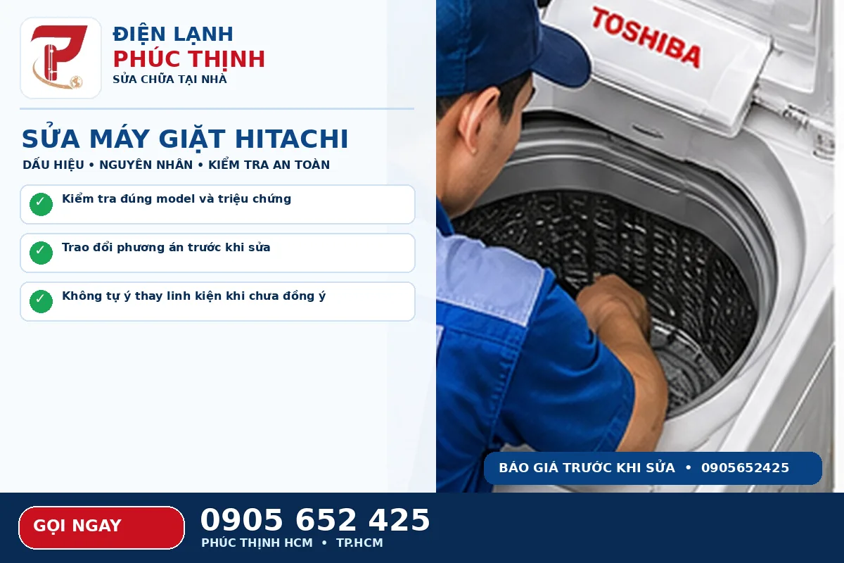 Hình minh họa dịch vụ sửa máy giặt Hitachi TPHCM với kỹ thuật viên kiểm tra máy giặt