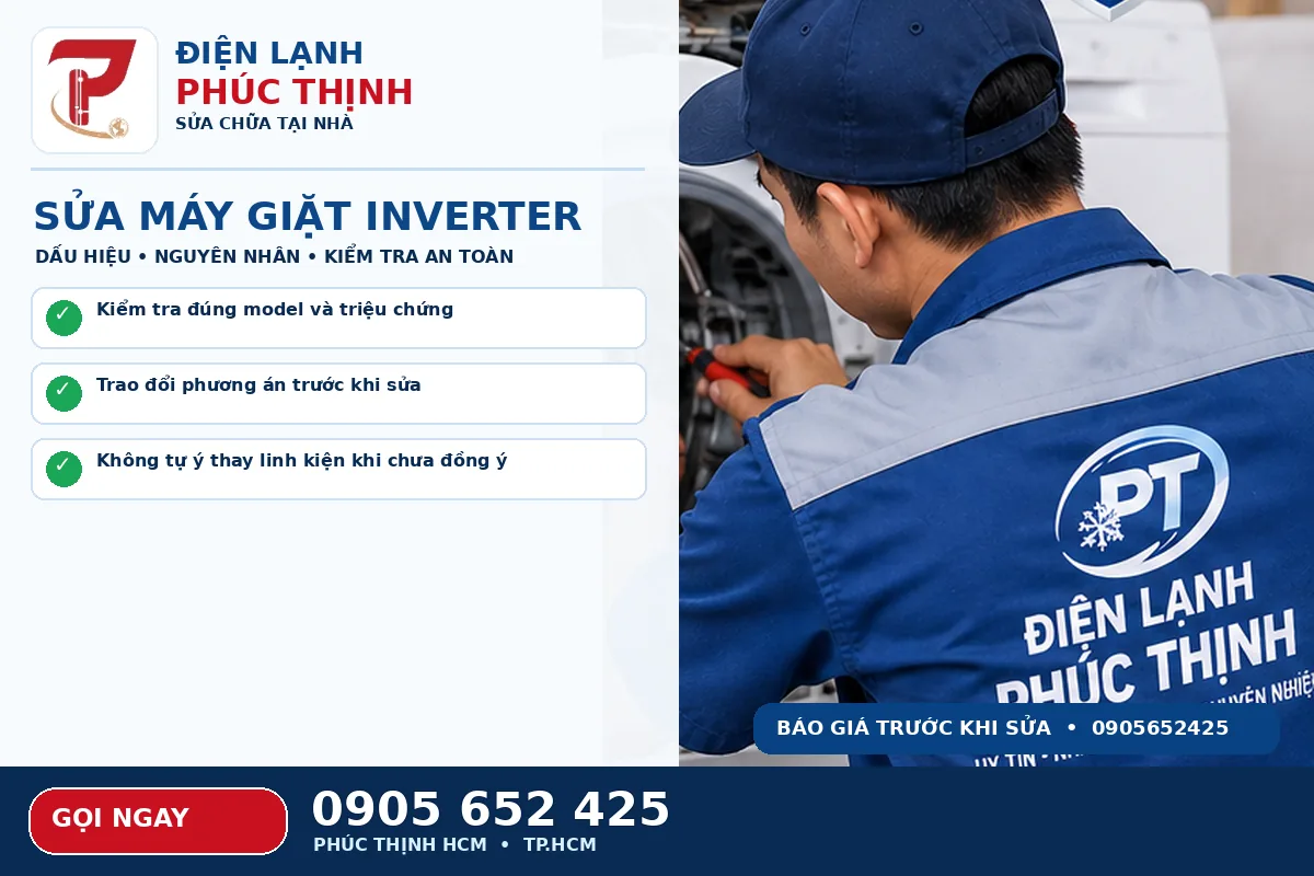 Hình minh họa dịch vụ sửa máy giặt Inverter TPHCM với kỹ thuật viên kiểm tra máy giặt