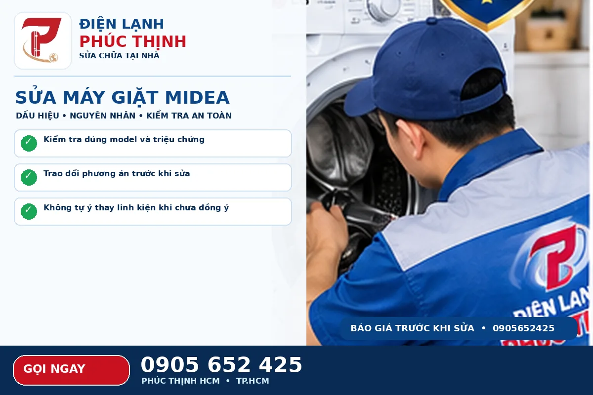 Hình minh họa dịch vụ sửa máy giặt Midea TPHCM với kỹ thuật viên kiểm tra máy giặt