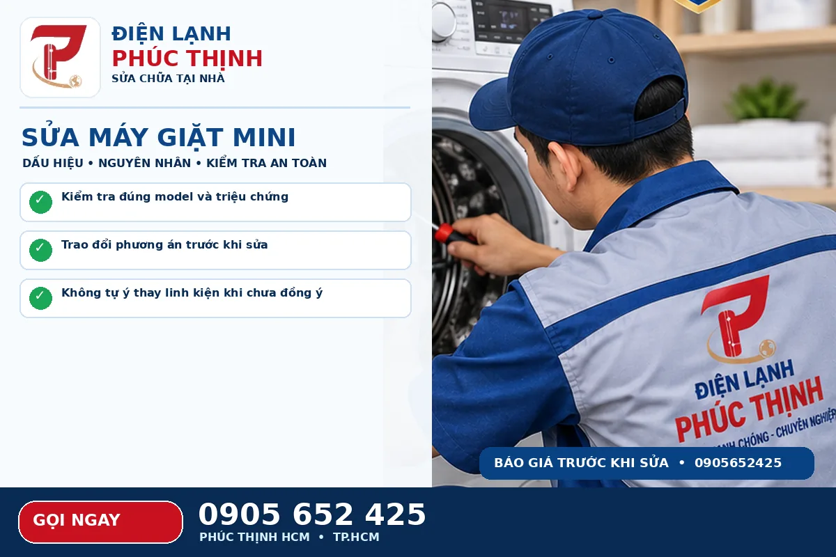 Hình minh họa dịch vụ sửa máy giặt mini TPHCM với kỹ thuật viên kiểm tra máy giặt