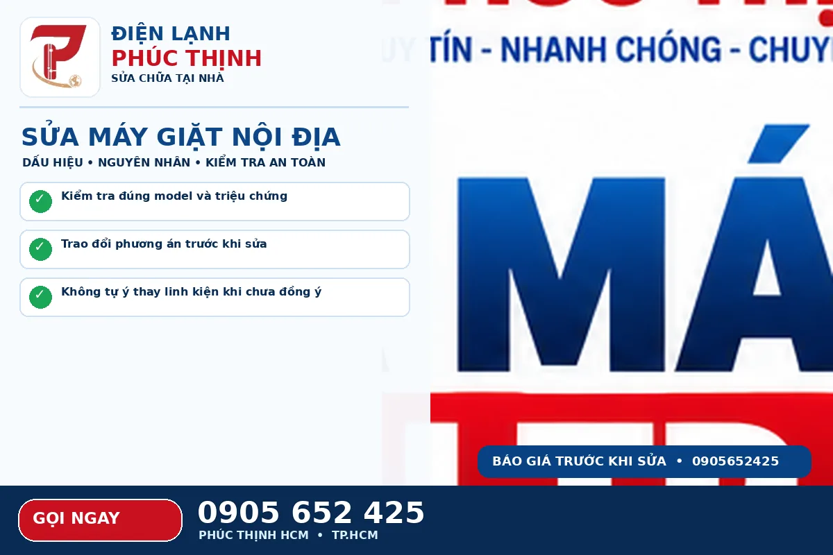 Hình minh họa dịch vụ sửa máy giặt nội địa TPHCM với kỹ thuật viên kiểm tra máy giặt