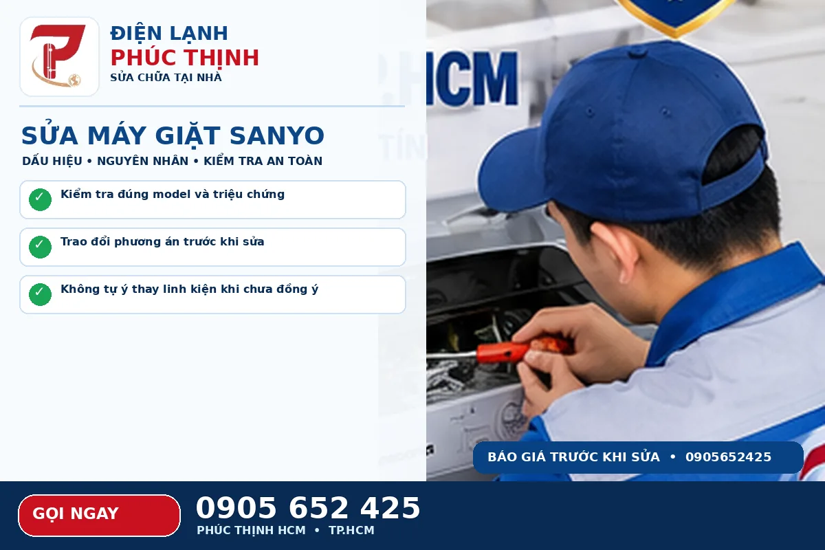 Hình minh họa dịch vụ sửa máy giặt Sanyo TPHCM với kỹ thuật viên kiểm tra máy giặt