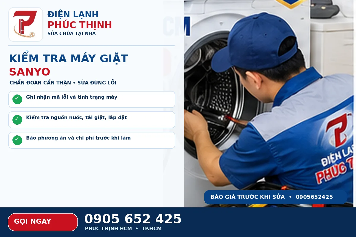 Minh họa các bước kiểm tra an toàn cho sửa máy giặt Sanyo TPHCM