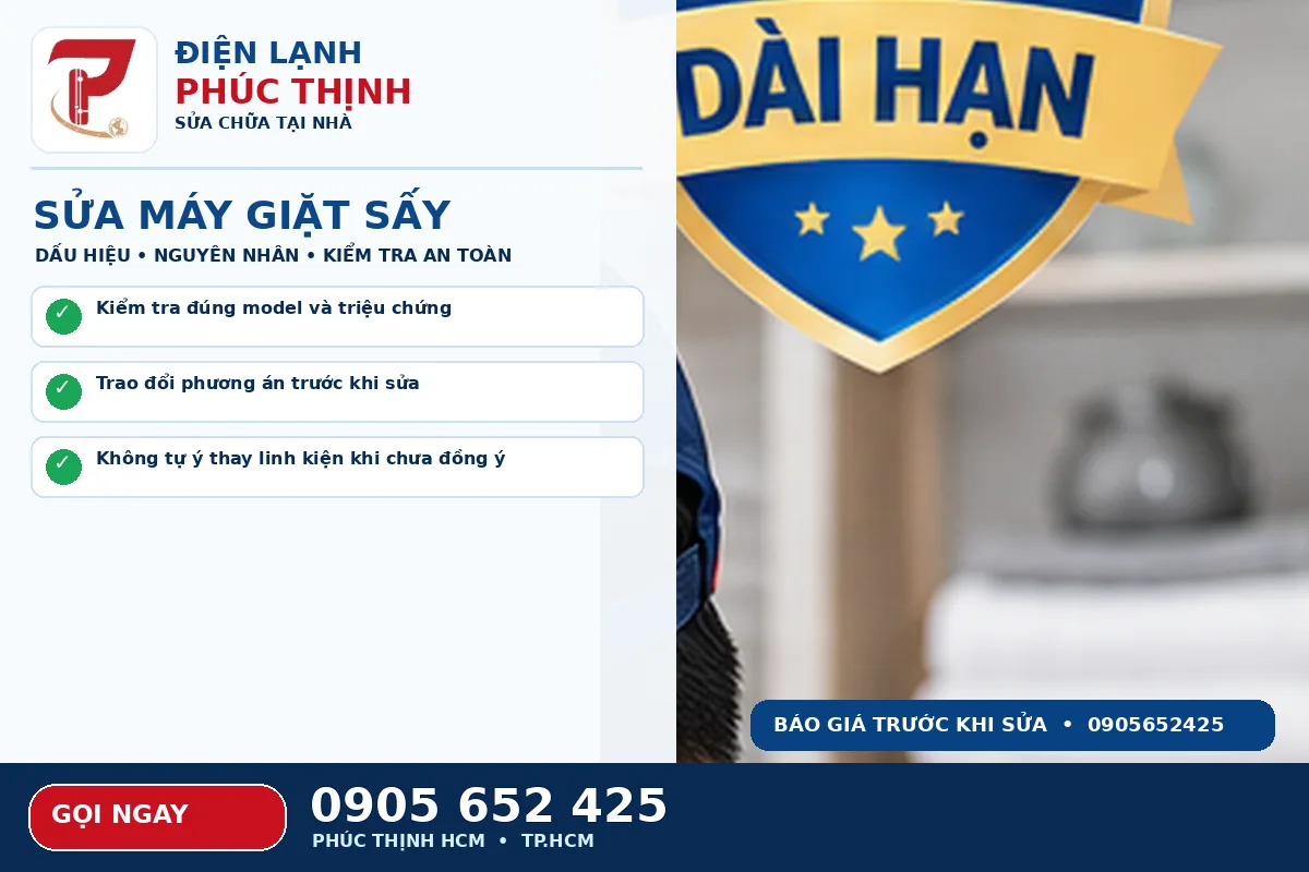 Hình minh họa dịch vụ sửa máy giặt sấy TPHCM với kỹ thuật viên kiểm tra máy giặt