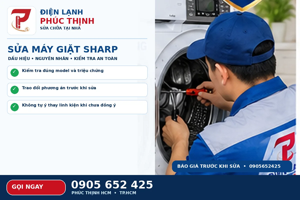 Hình minh họa dịch vụ sửa máy giặt Sharp TPHCM với kỹ thuật viên kiểm tra máy giặt