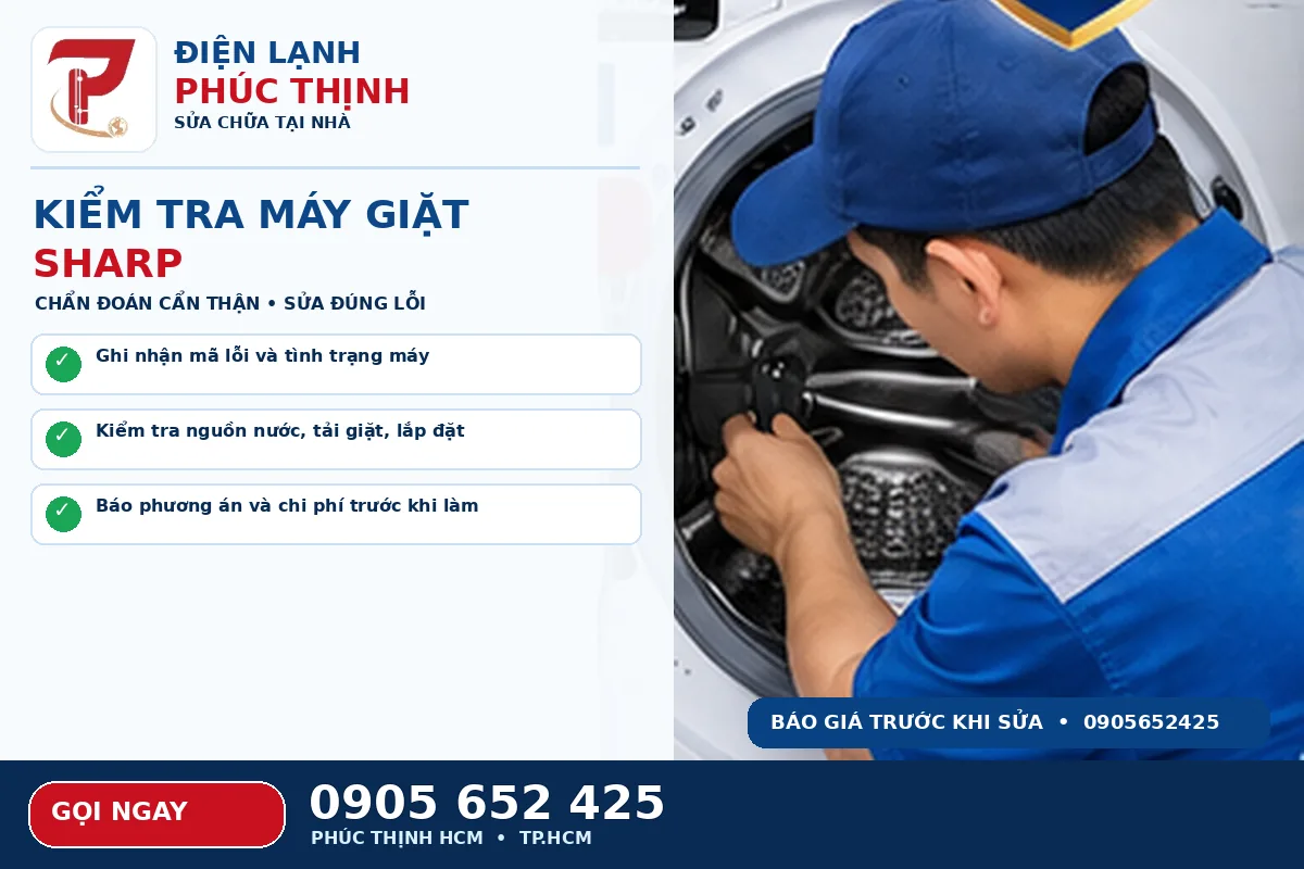 Minh họa các bước kiểm tra an toàn cho sửa máy giặt Sharp TPHCM