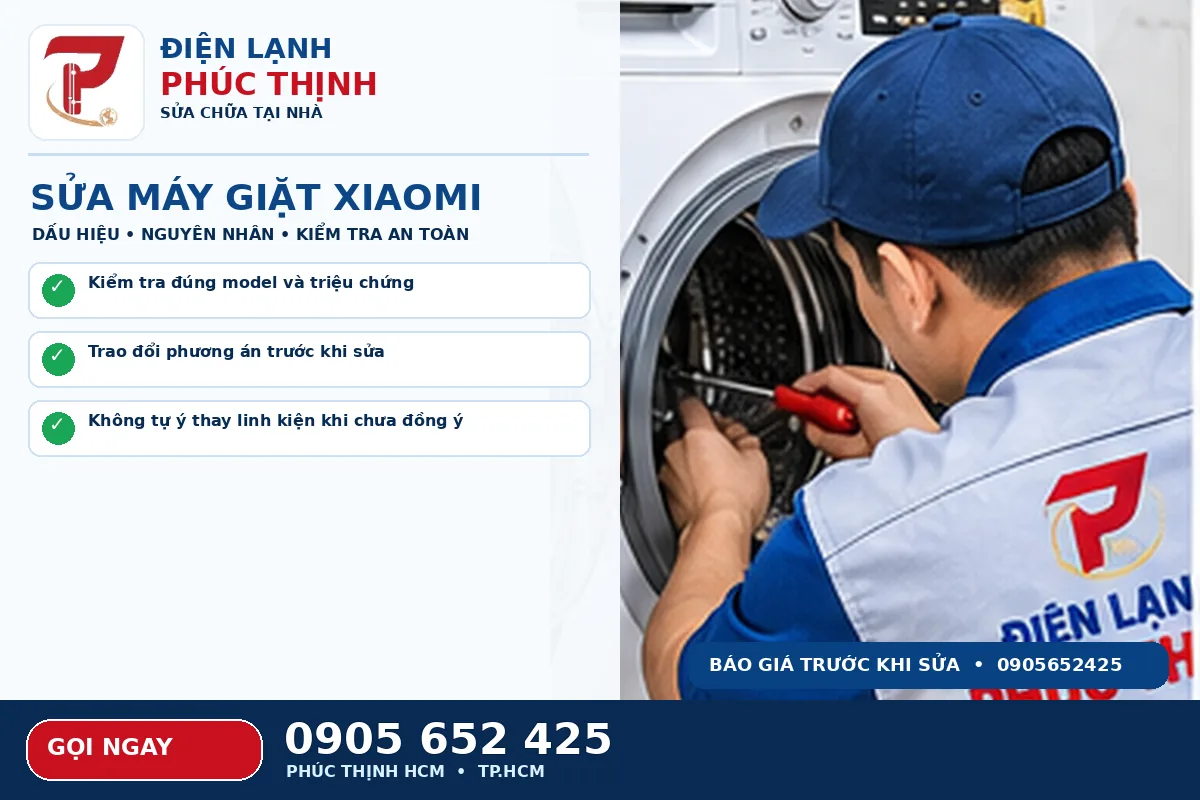 Hình minh họa dịch vụ sửa máy giặt Xiaomi TPHCM với kỹ thuật viên kiểm tra máy giặt
