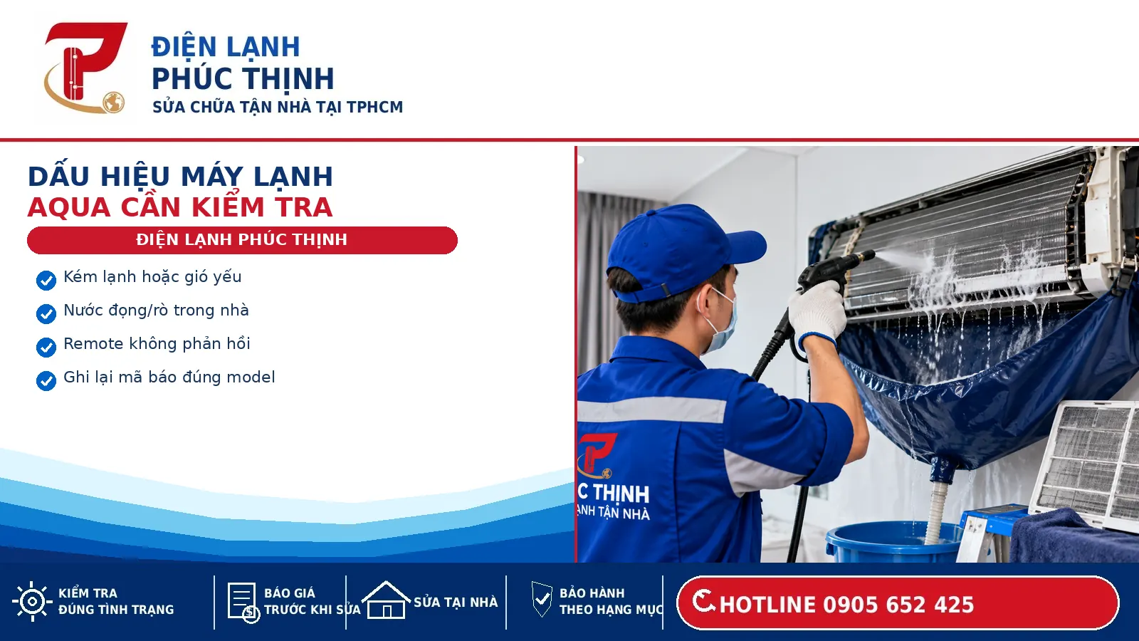Kỹ thuật viên kiểm tra máy lạnh AQUA khi có dấu hiệu kém lạnh hoặc vận hành bất thường