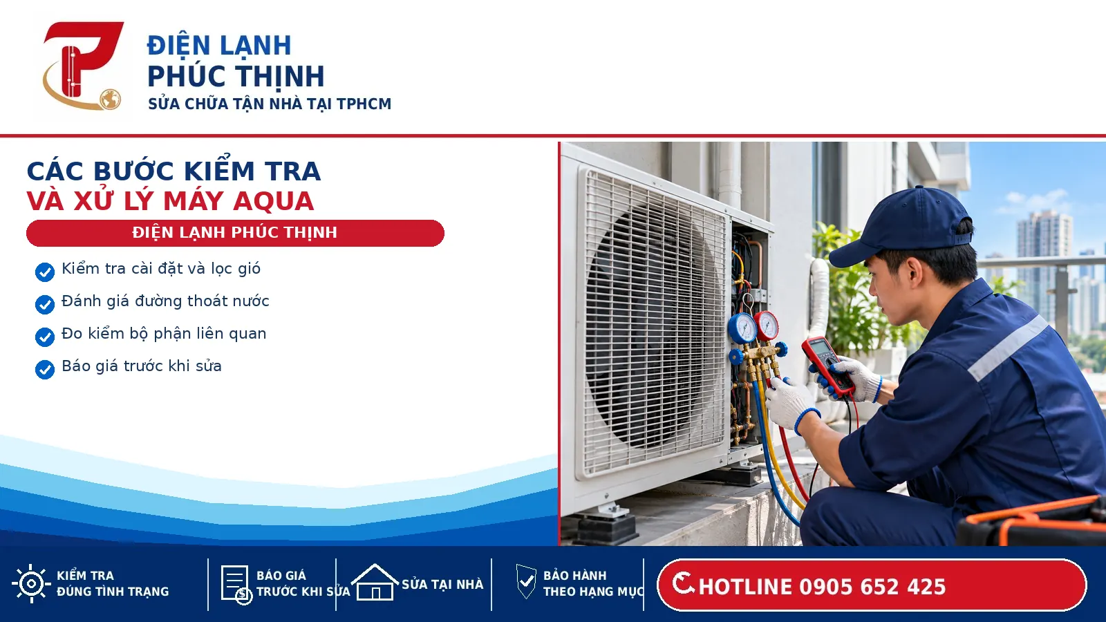 Kỹ thuật viên kiểm tra dàn nóng máy lạnh AQUA trước khi đánh giá tình trạng thiết bị