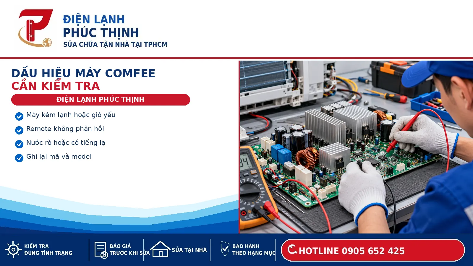Kỹ thuật viên kiểm tra máy lạnh Comfee khi có dấu hiệu vận hành bất thường