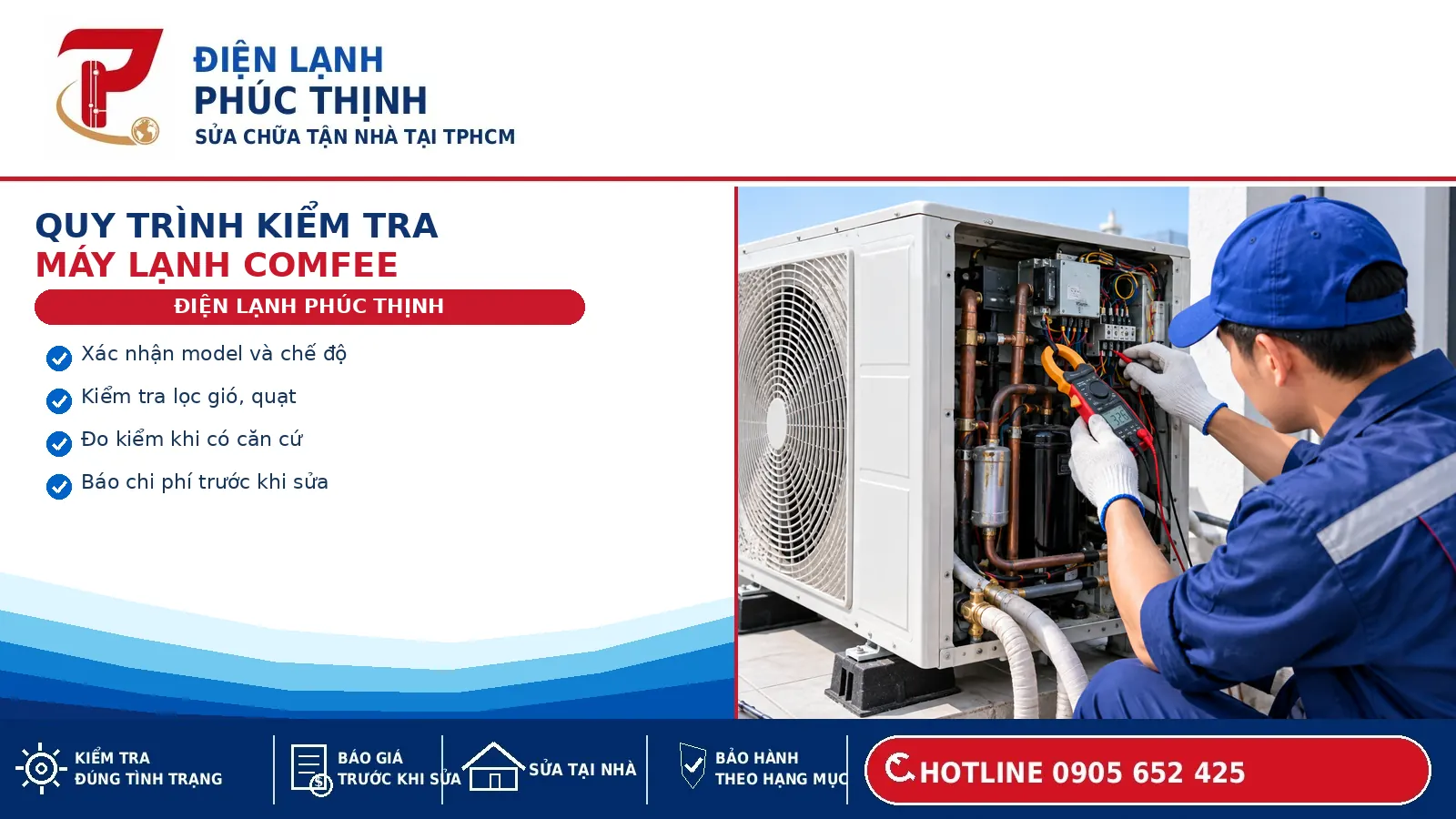 Kỹ thuật viên kiểm tra dàn nóng máy lạnh Comfee trước khi đánh giá tình trạng thiết bị
