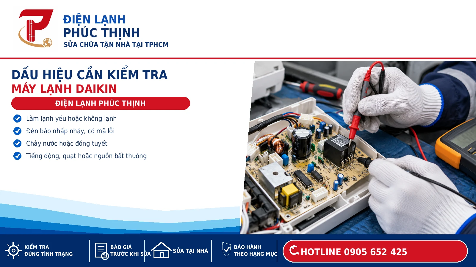 Kỹ thuật viên kiểm tra bo mạch và linh kiện máy lạnh Daikin, ảnh minh họa