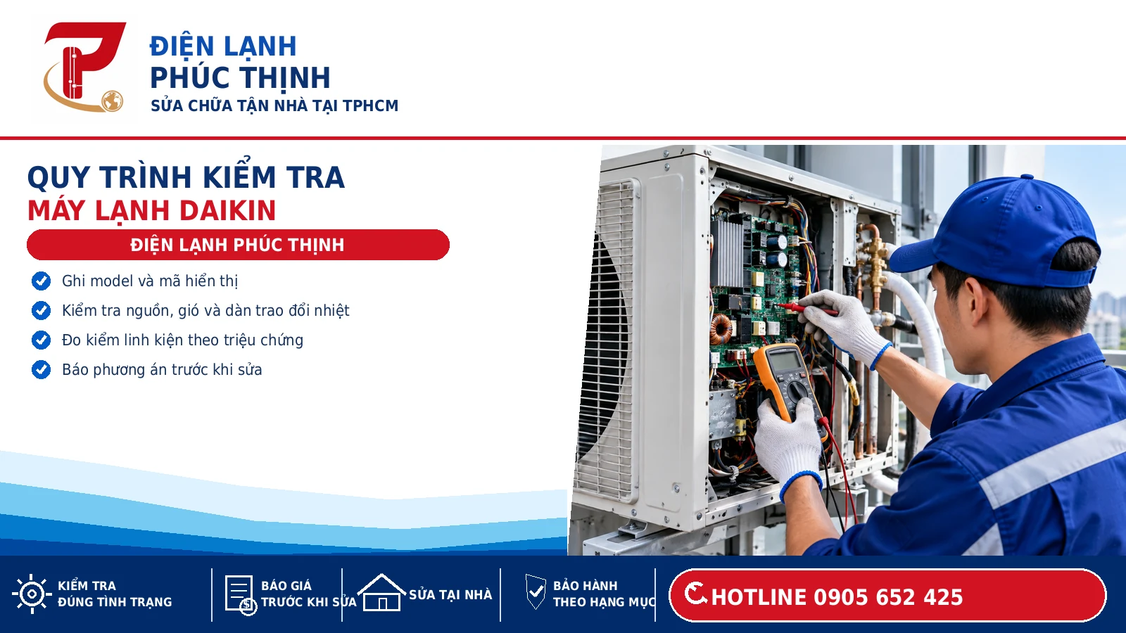 Kỹ thuật viên kiểm tra dàn nóng máy lạnh Daikin bằng thiết bị đo, ảnh minh họa