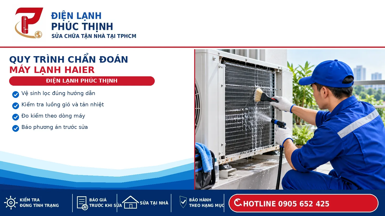 Kỹ thuật viên kiểm tra dàn nóng máy lạnh Haier trước khi đánh giá tình trạng thiết bị